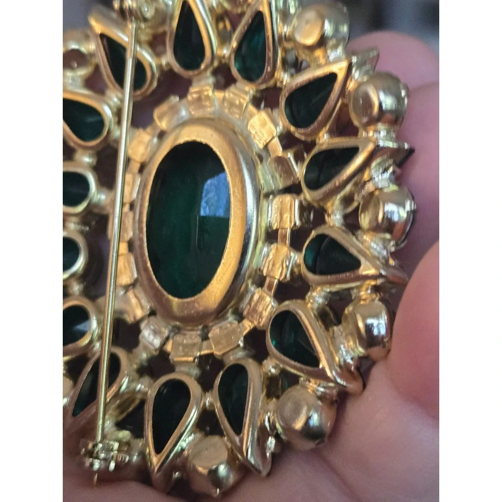 Green Brooch Rhinestone Statement Brooch Vintage Goldtone Mid-Century